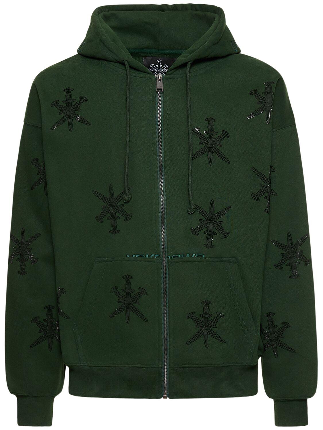 Unknown Rhinestone dagger Cotton Zip Hoodie in Green for Men