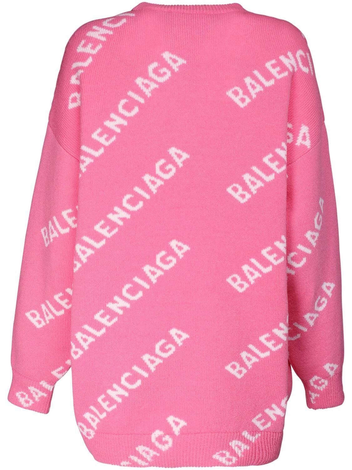 Balenciaga Over Allover Logo Knit Wool Cardigan in Pink/White (Pink