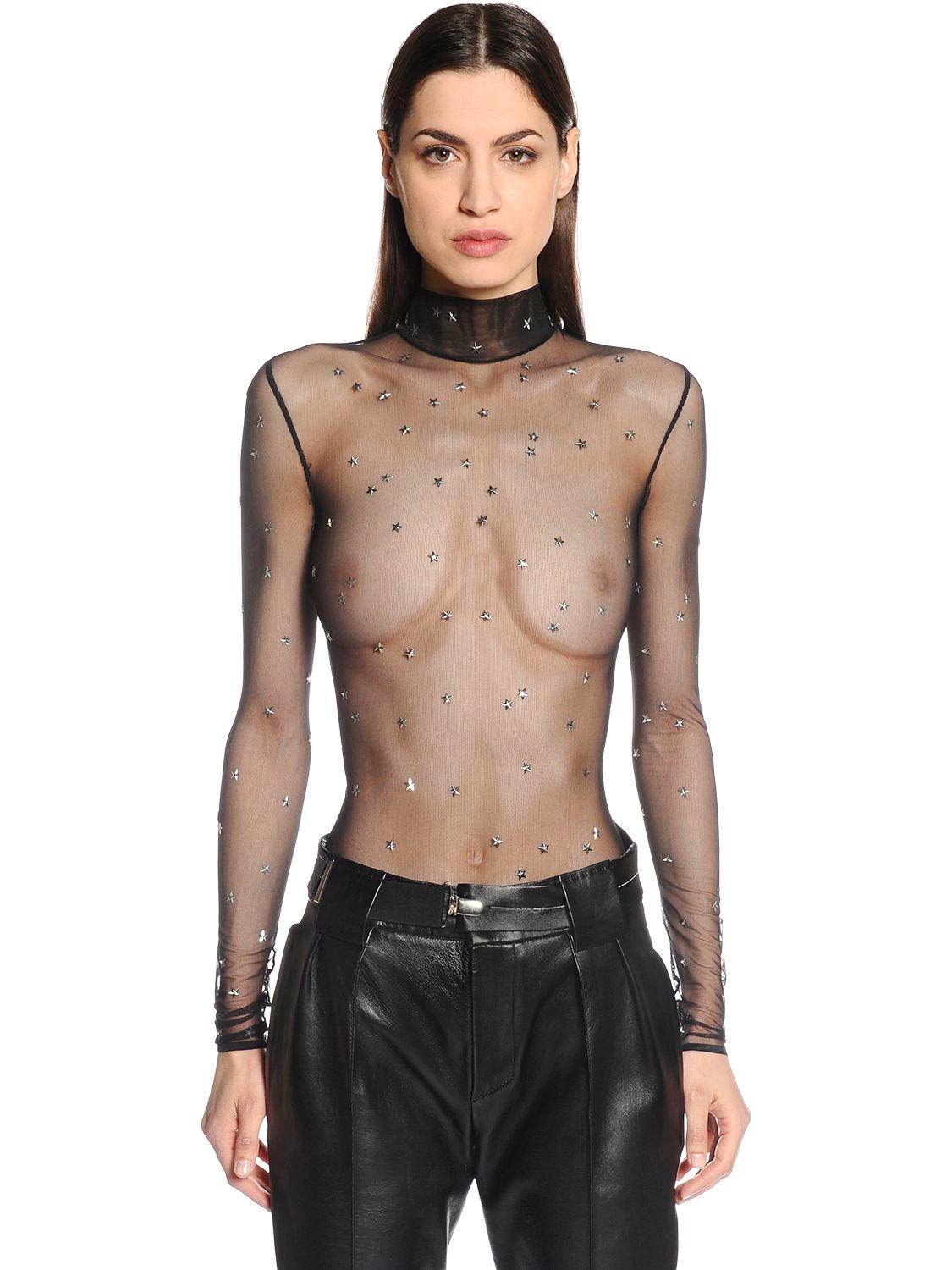 Body En Tulle Transparent Et Clous Etoiles Mugler En Coloris Noir Lyst
