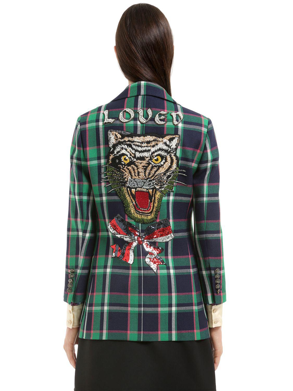 Gucci Tiger Patch Plaid Wool Jacket in Green | Lyst