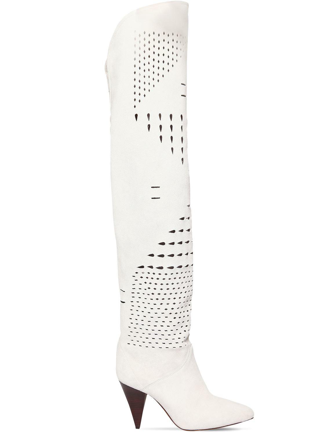 Isabel Marant 90mm Lyde Laser Cut Suede Slouchy Boots in White - Lyst