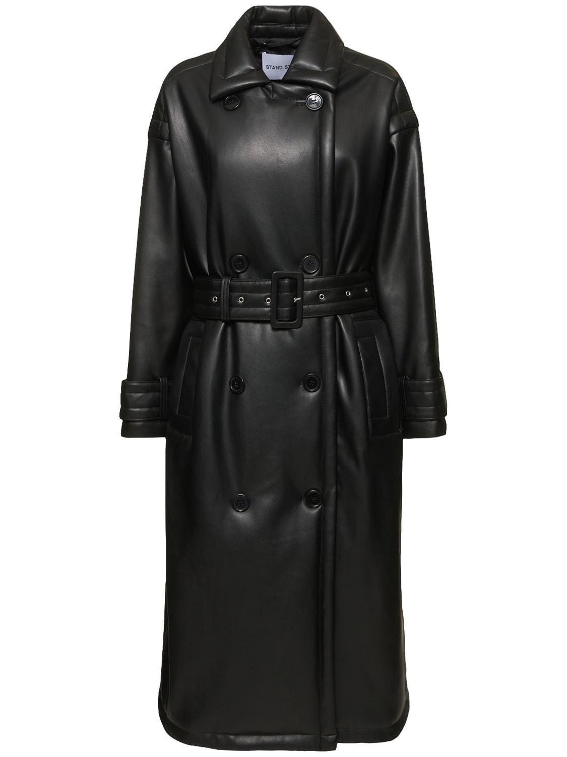 Stand Studio Emily Padded Faux Leather Trench Coat in Black | Lyst