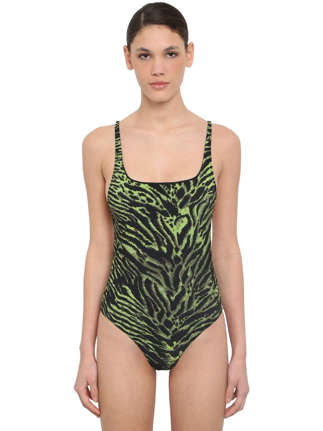 Ganni Crossover-back Tiger-print Swimsuit in Green | Lyst