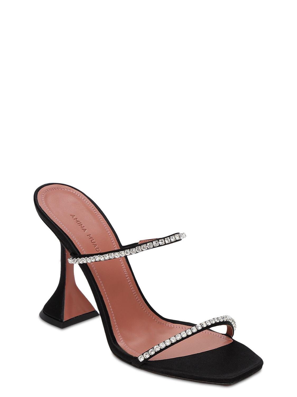 AMINA MUADDI 95mm Gilda Embellished Satin Sandals in Black | Lyst