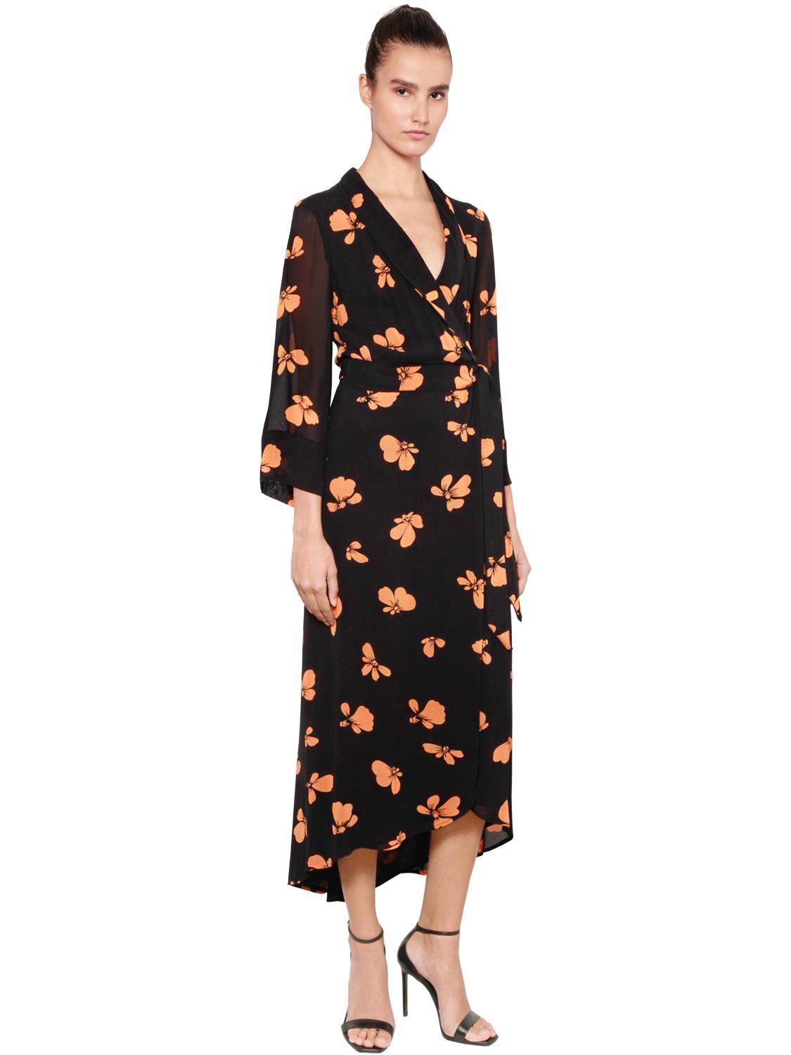 Ganni Floral Printed Crepe Wrap Dress in Black/Orange (Black) - Lyst