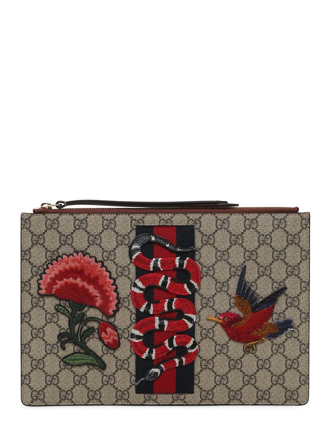 GUCCI King Snake Hummingbird GG Supreme Embroidered Clutch Bag Beige 4