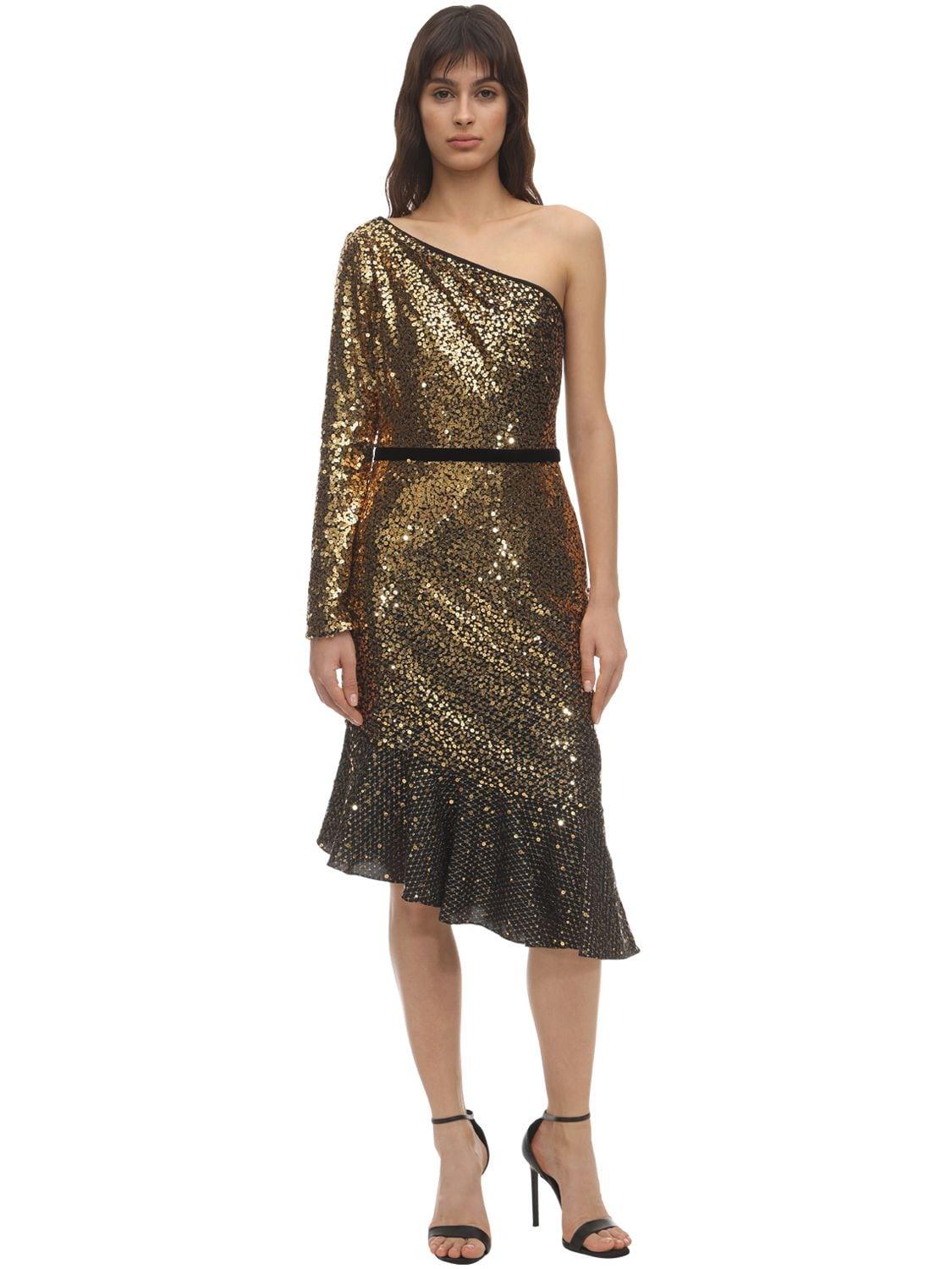 Marchesa notte Sequined One Shoulder Midi Dress in Black/Gold (Black ...