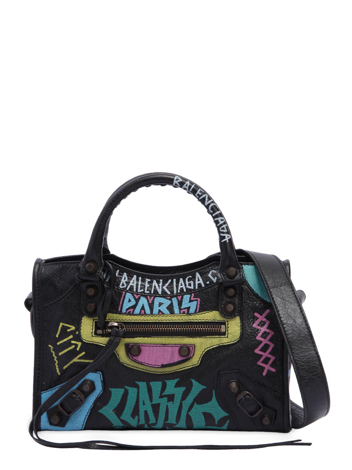 Balenciaga Mini Classic City Graffiti Leather Bag in Black - Lyst