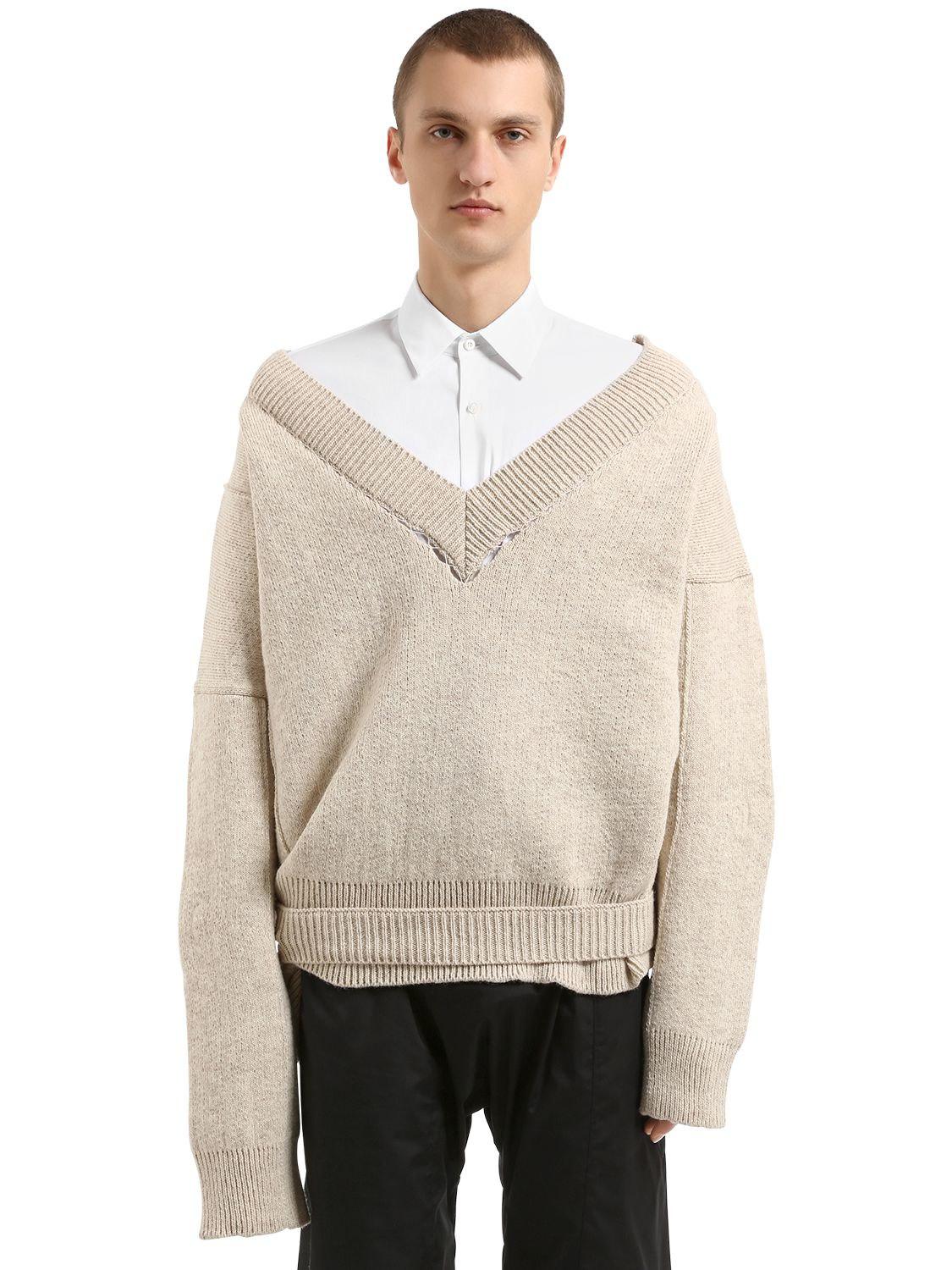 Raf Simons Oversized Wool Knit Sweater W/ Buckle in White for Men - Lyst