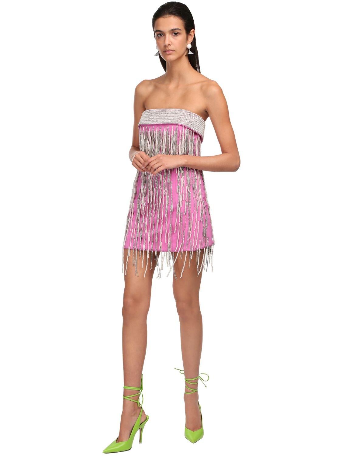 The Attico Embellished Fringe Wool Mini Dress in Pink | Lyst