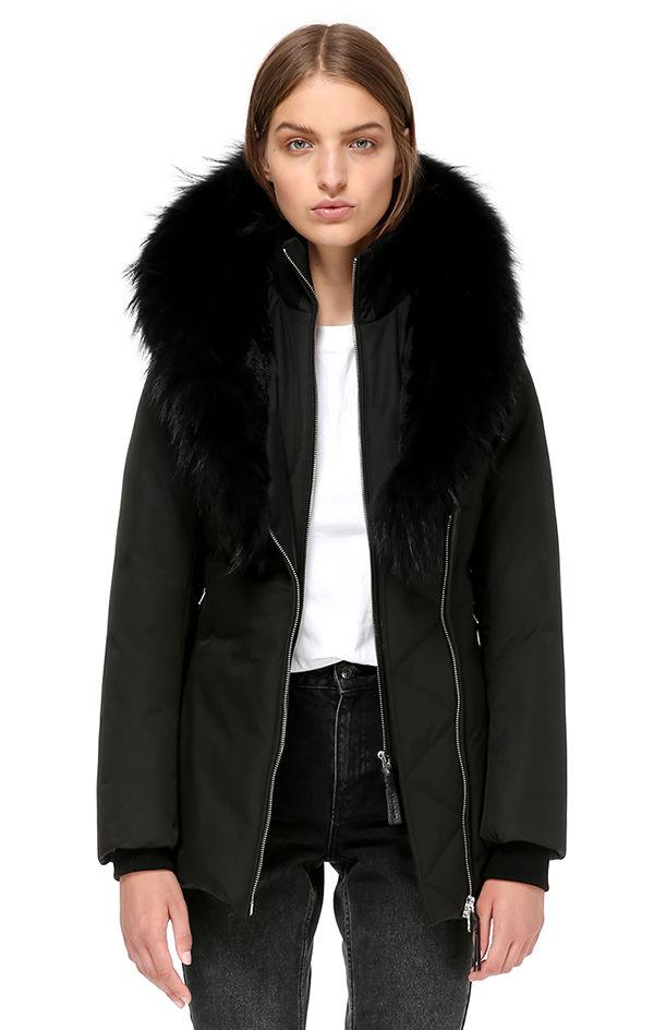 black fitted coat with fur hood
