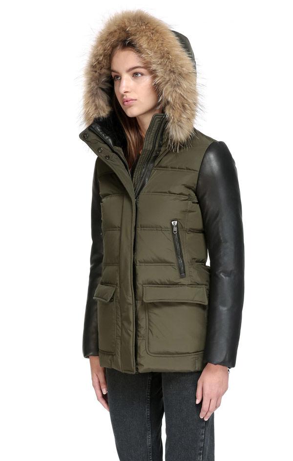 Download Mackage Orla Down Coat With Leather Sleeves in Army (Green ...