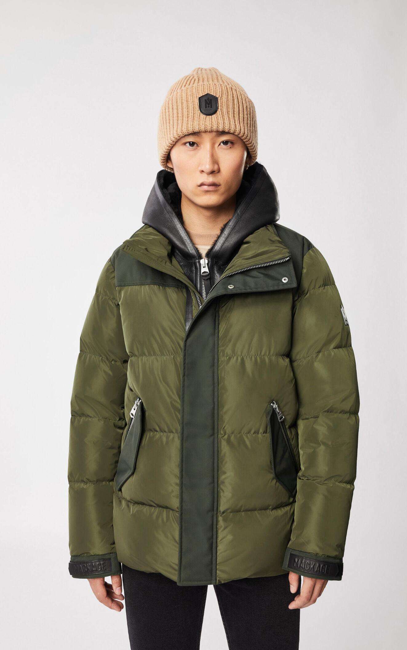 Mackage Leather Riley Down Jacket With Removable Shearling Bib In Army ...