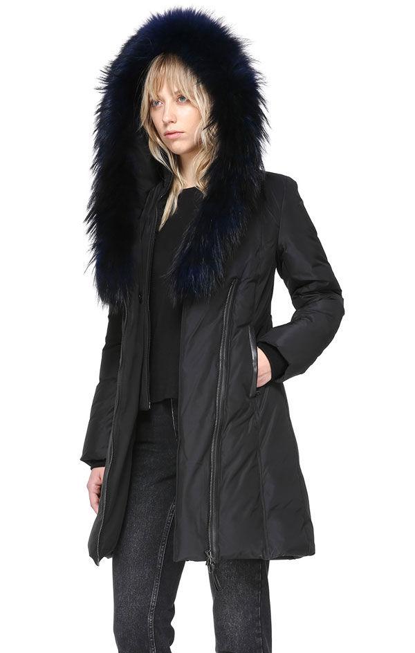 Mackage Mid Length Winter Down Coat With Fur Collar in Black/Navy ...