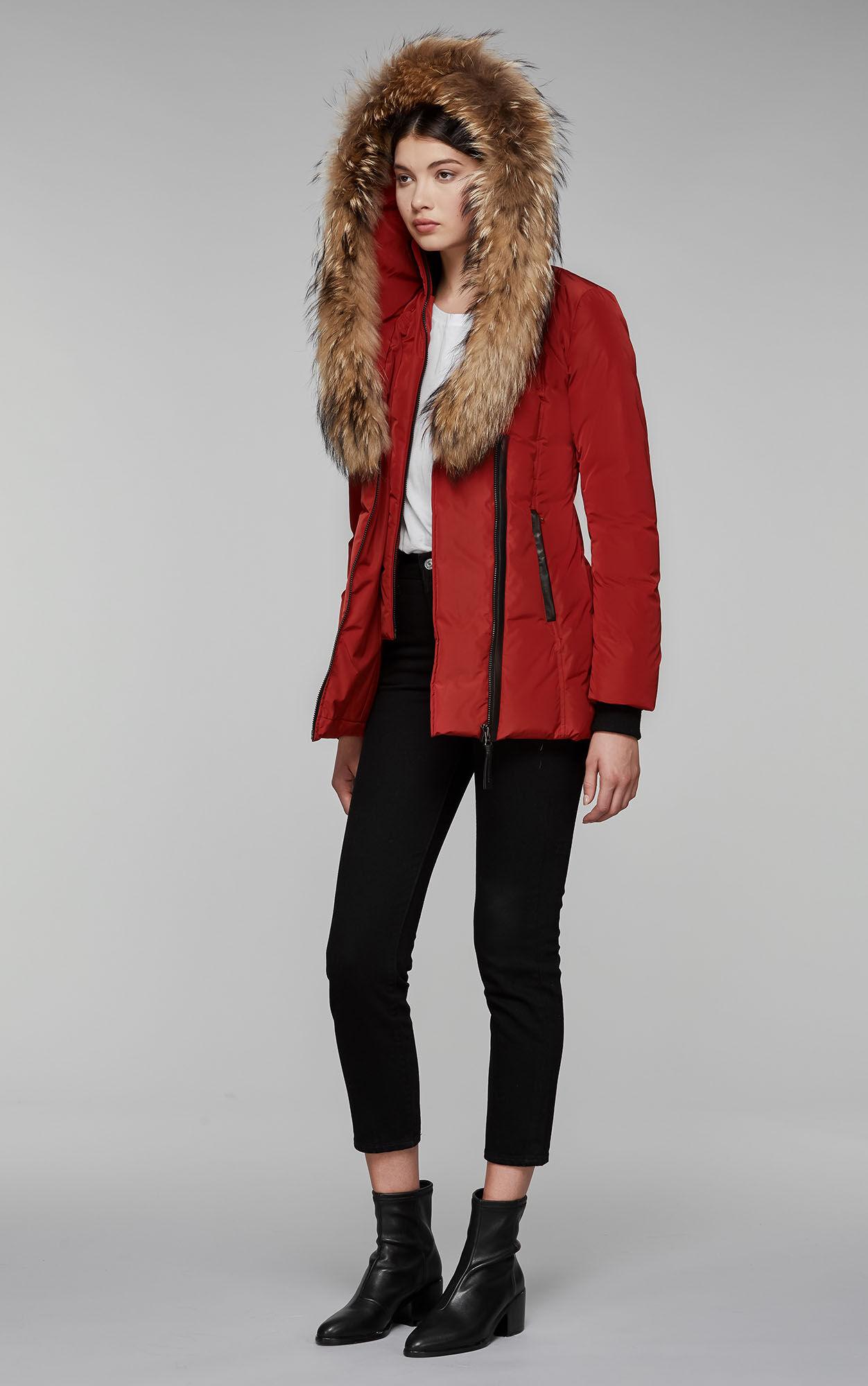 adali fitted winter down coat with hood and fur trim