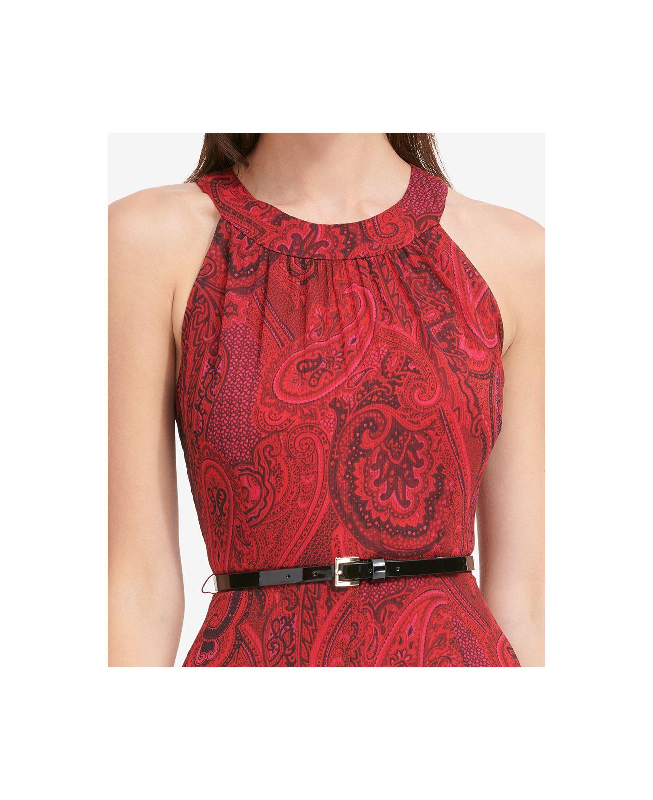 tommy hilfiger printed belted halter midi dress