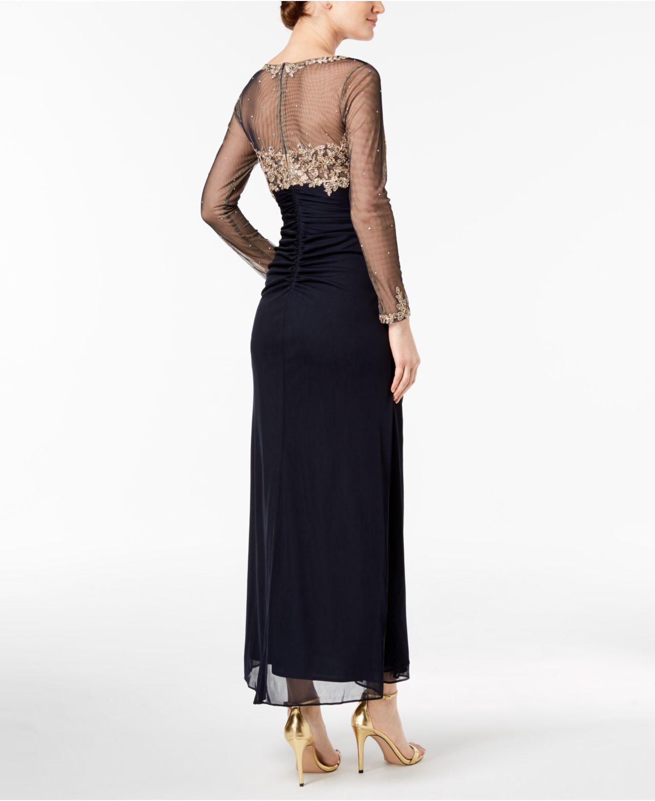 xscape petite embroidered illusion gown