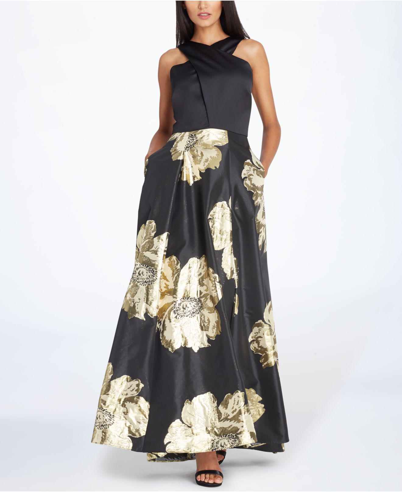 tahari black and gold dress