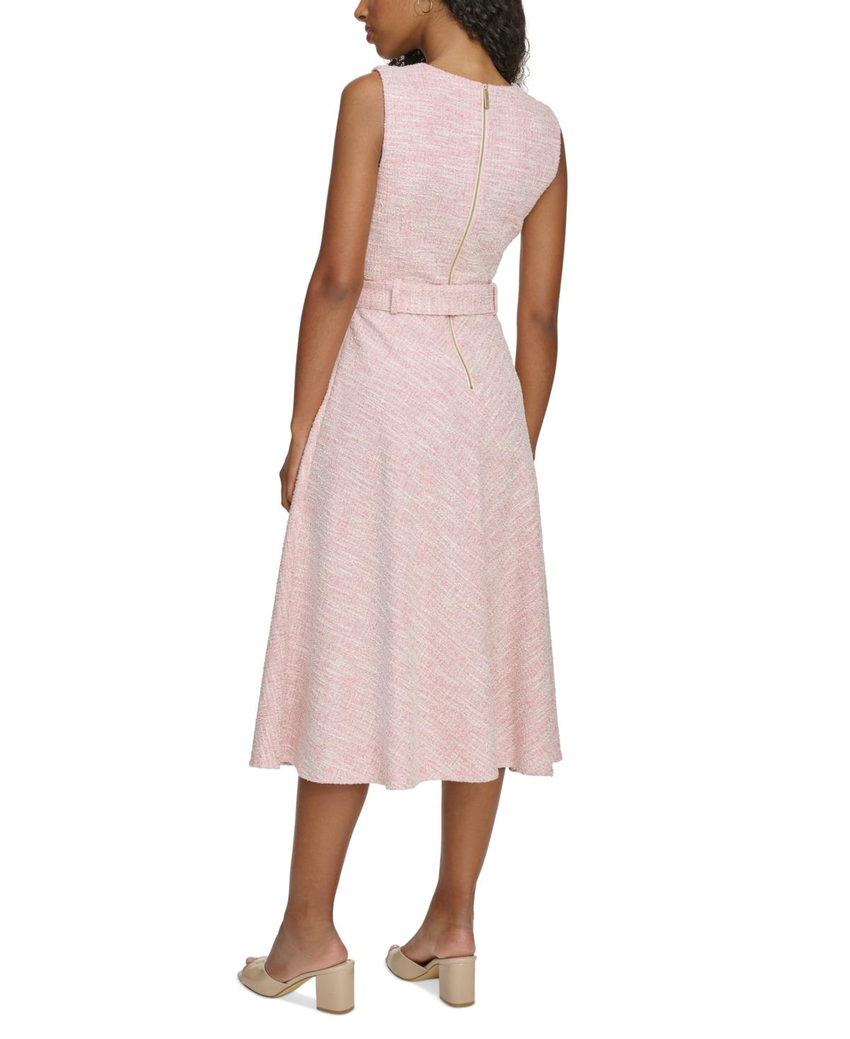 Calvin Klein Jewel neck Sleeveless Belted Tweed Midi Dress in White Lyst