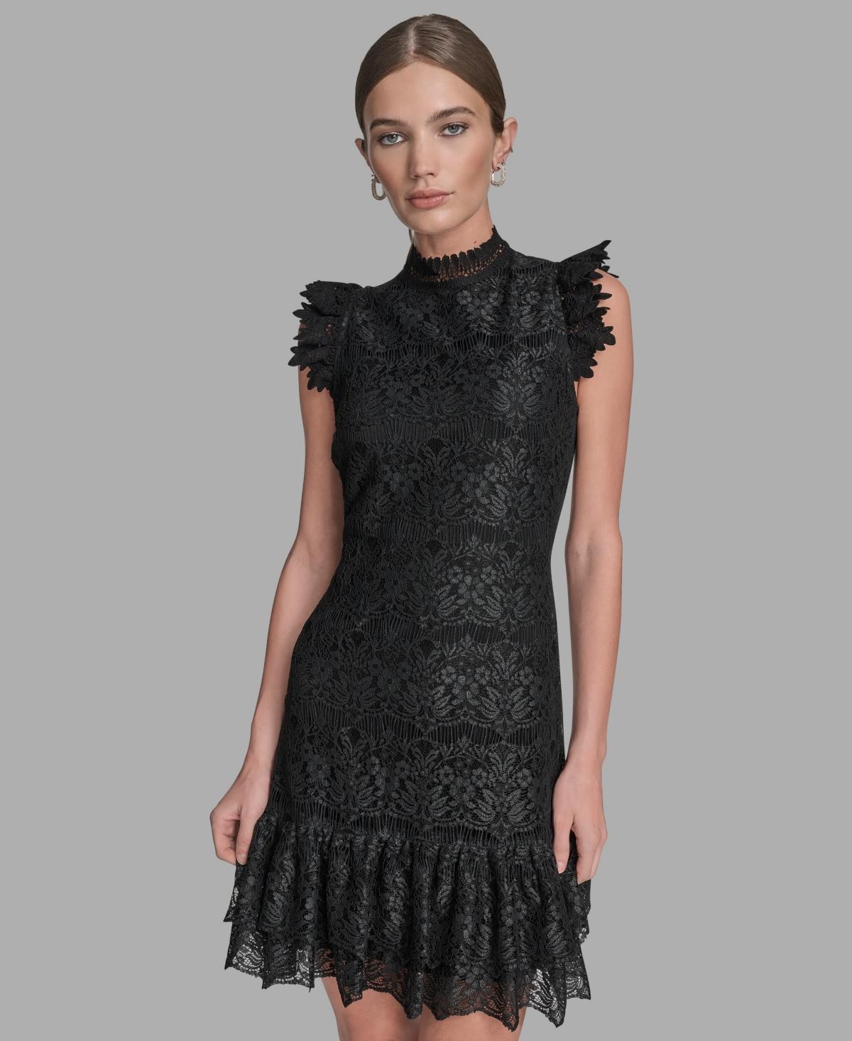 BCBGMAXAZRIA Floral Lace Ruffle Hem Shift Dress in Black | Lyst
