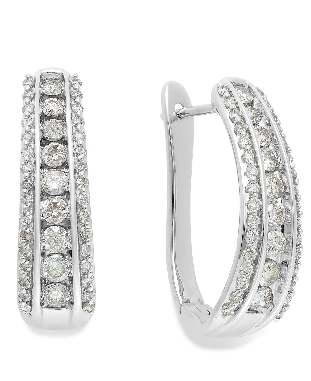 Macy's Diamond Channel J-hoop Earrings In 14k White Gold (1 Ct. T.w.) - Lyst