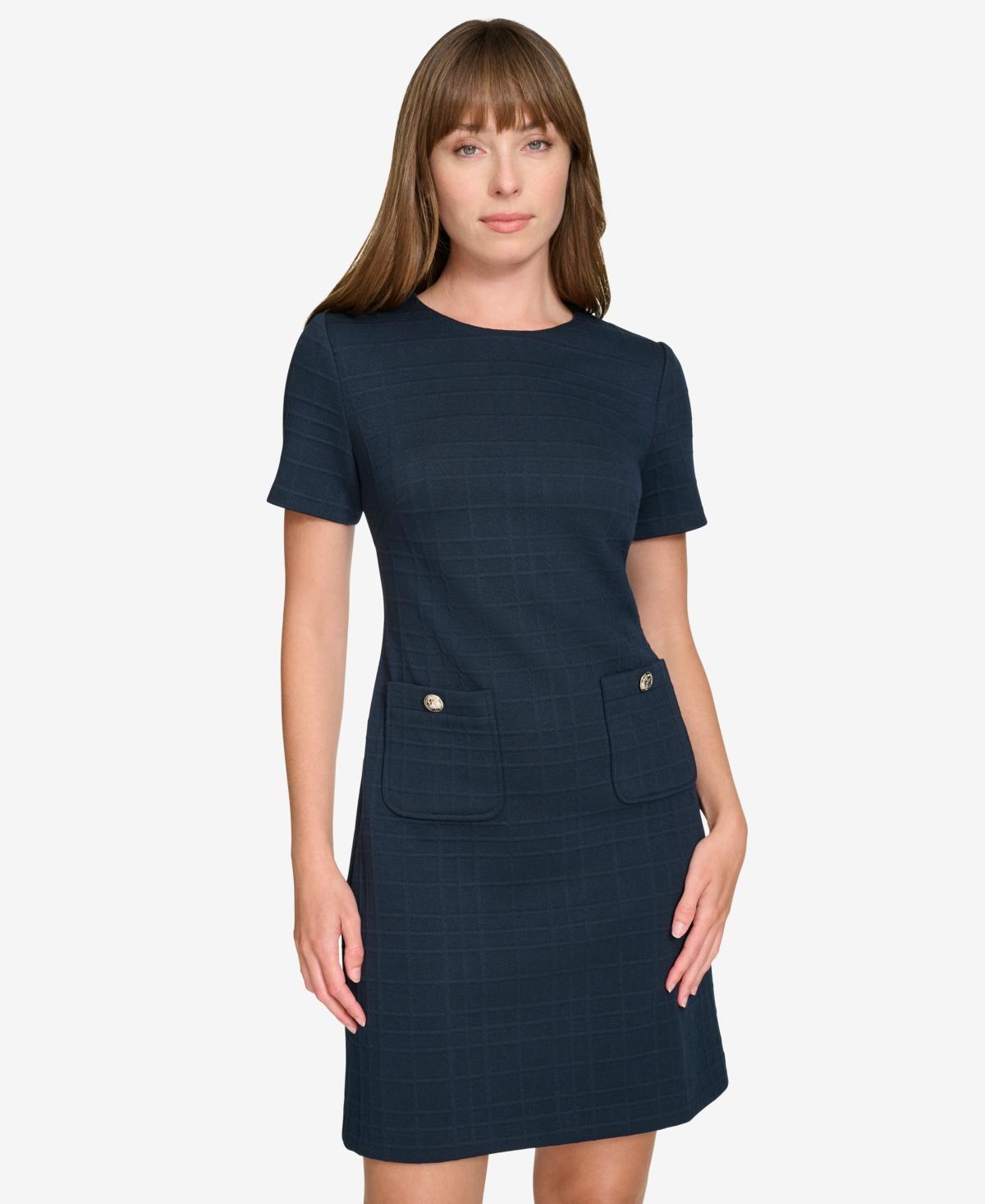 Tommy Hilfiger Petite Grid-knit Short-sleeve Shift Dress in Blue