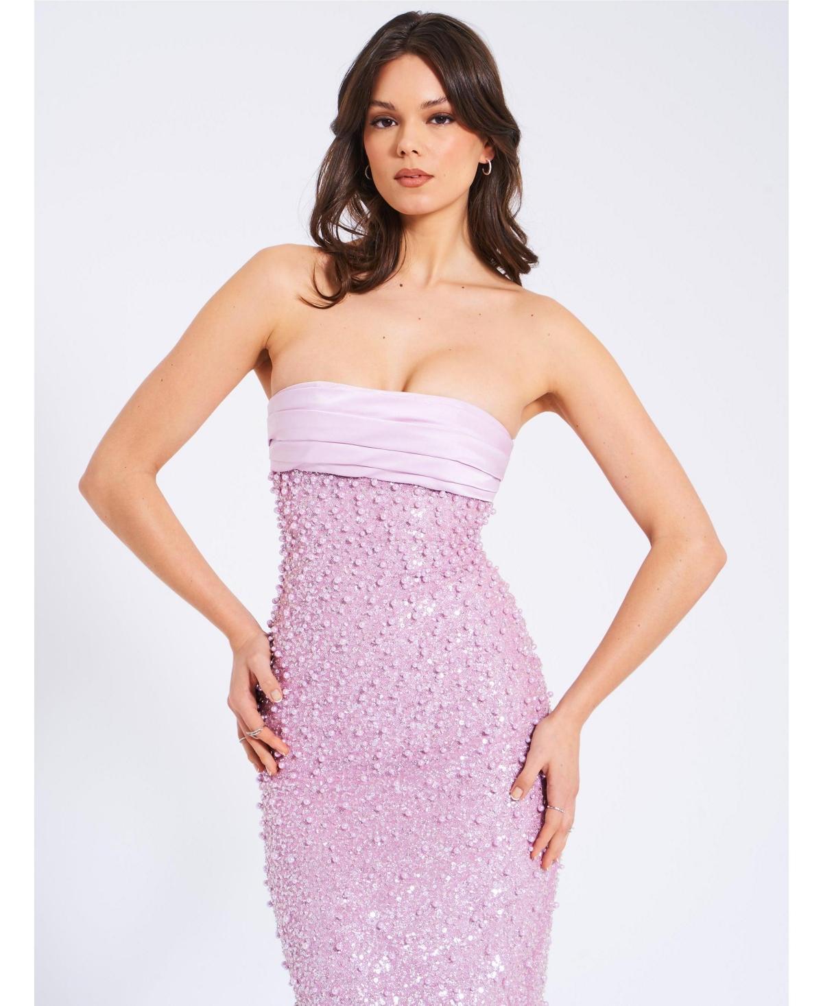 knee length dresses for ladies Miss Circle Women's Lainey Purple Satin Sequin Pearls Beaded Maxi Dress