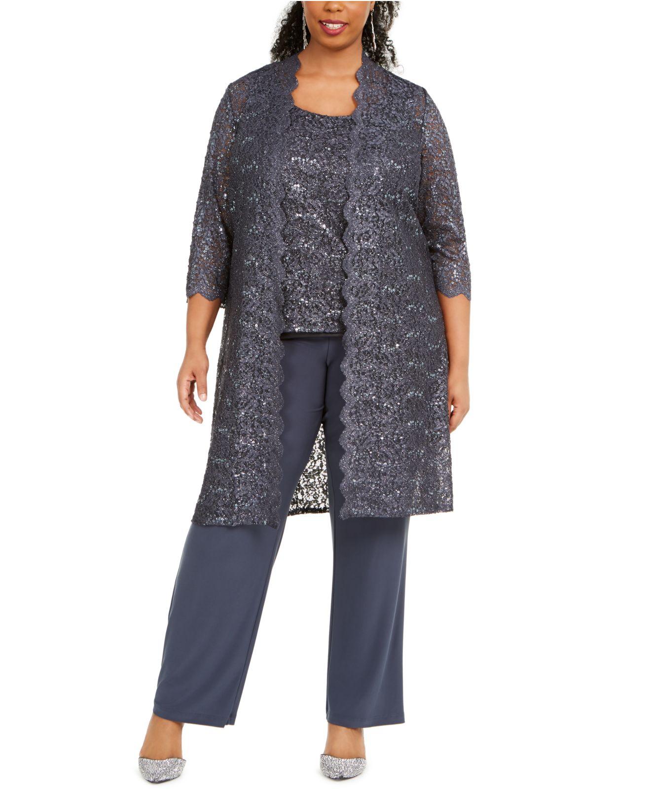 R & M Richards 3-pc. Plus Size Sequined Lace Pantsuit & Shell in Gray ...