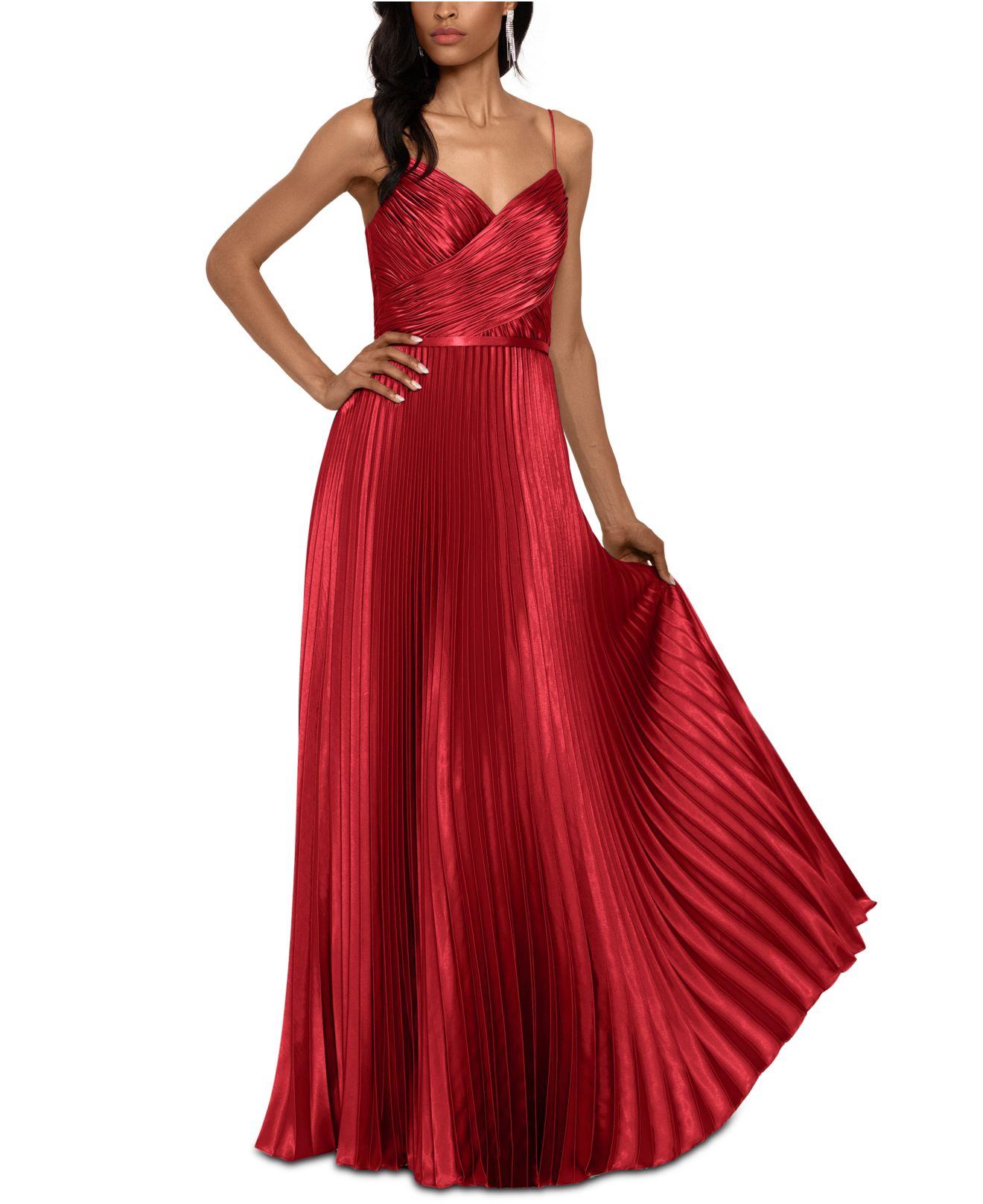 Betsy & Adam Pleated Satin Grecian Gown in Red | Lyst