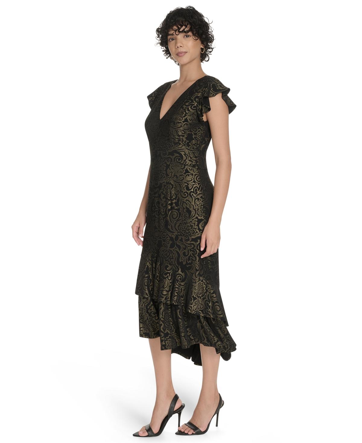 tommy hilfiger black and gold dress Petite Flutter Sleeve Foil Midi in Maxi dress