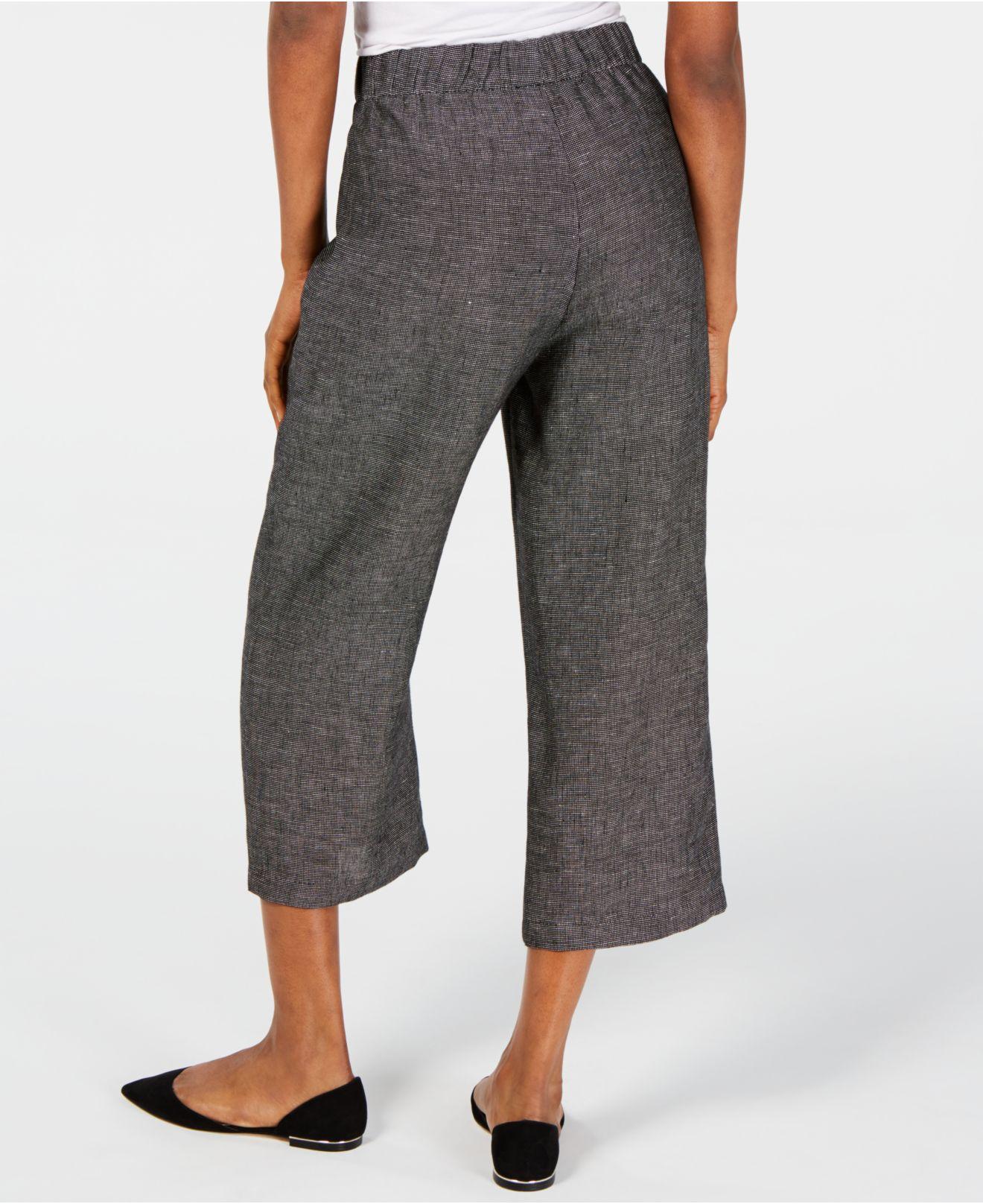 Eileen Fisher Organic Linen Micro-check Cropped Pants in Black - Lyst
