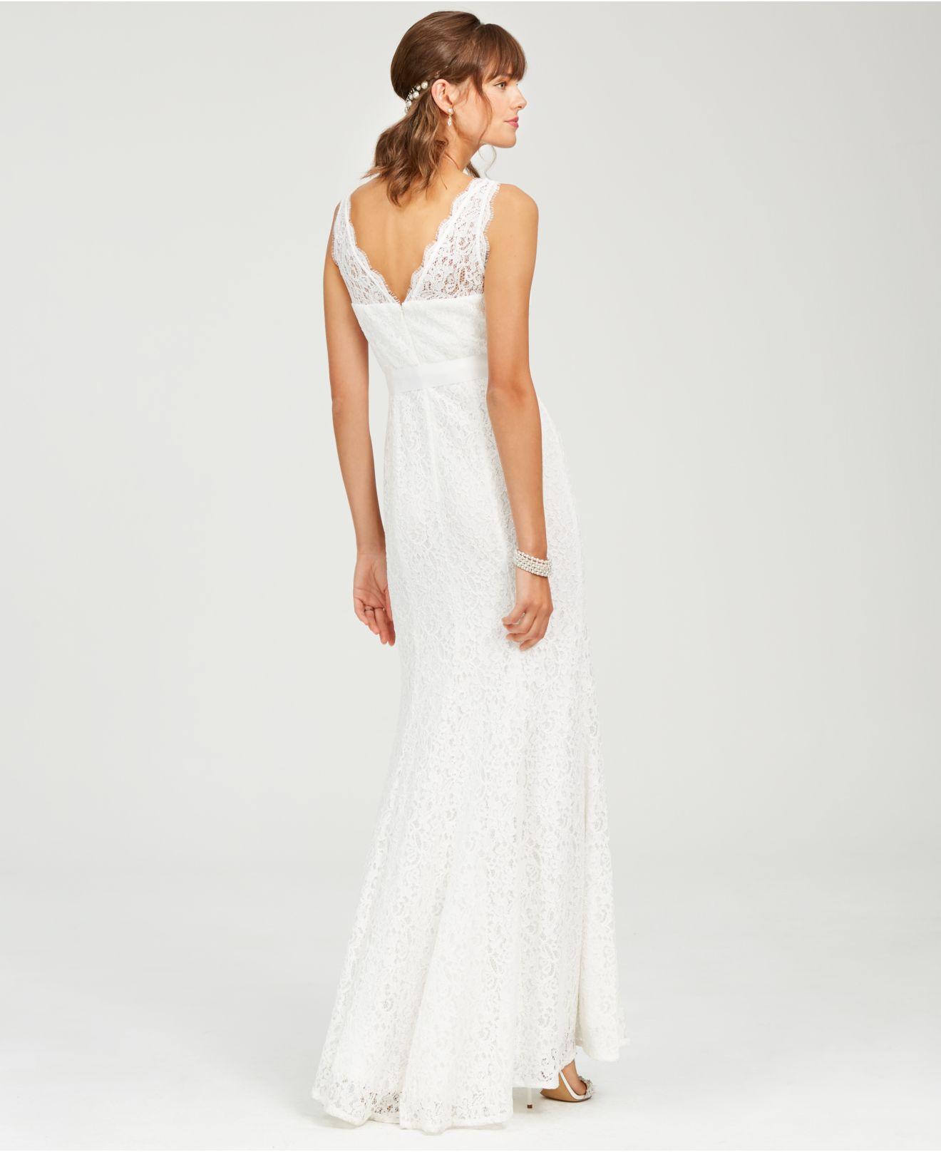 Adrianna Papell Lace V-neck Satin Sash Gown in Ivory (White) - Lyst