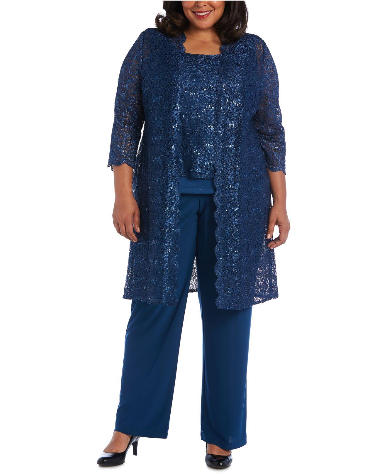 R & M Richards 3-pc. Plus Size Sequined Lace Pantsuit & Shell in Blue ...