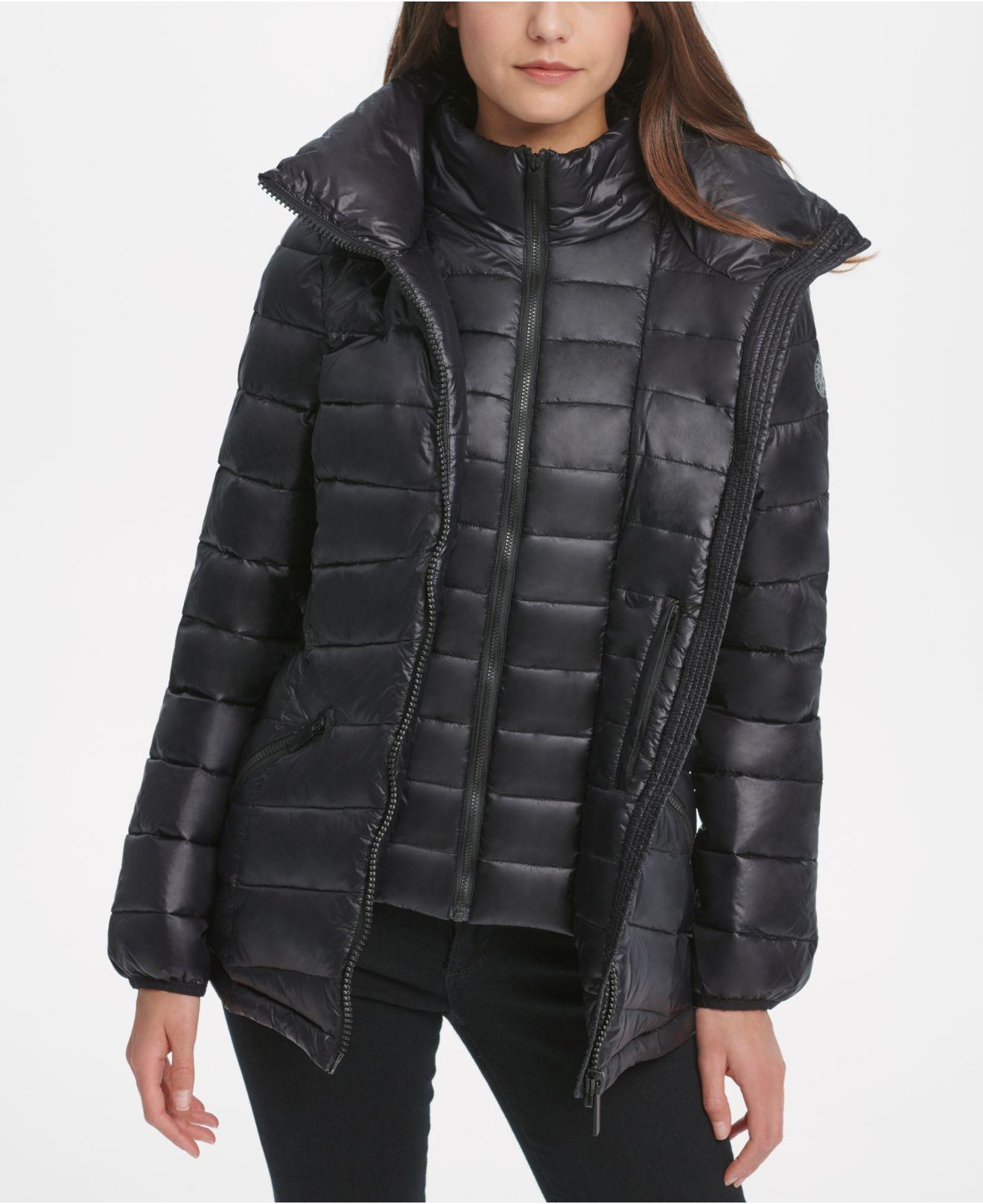 dkny black longline puffer coat