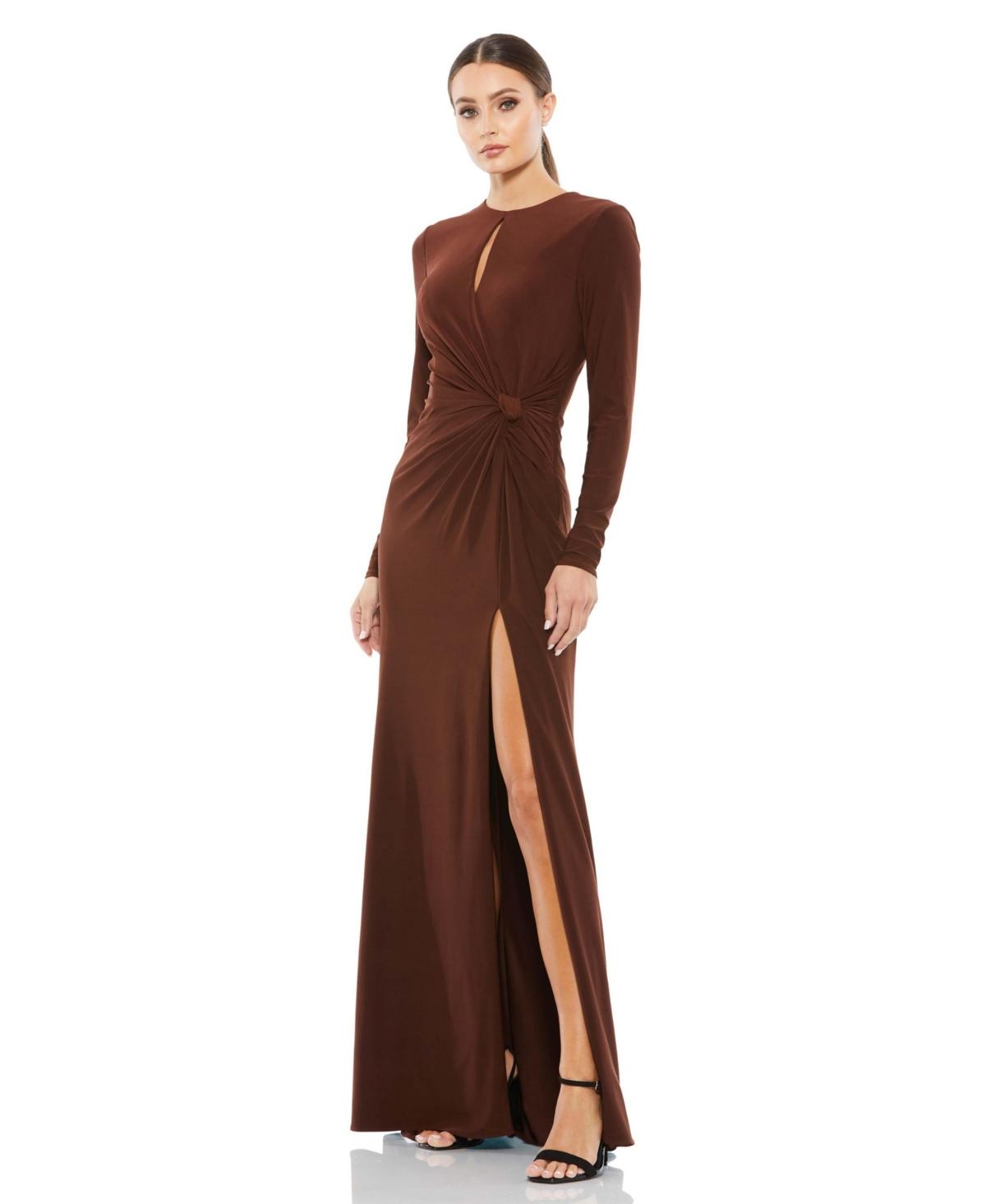 Mac Duggal Ieena Long Sleeve Keyhole Draped Gown in Brown Lyst