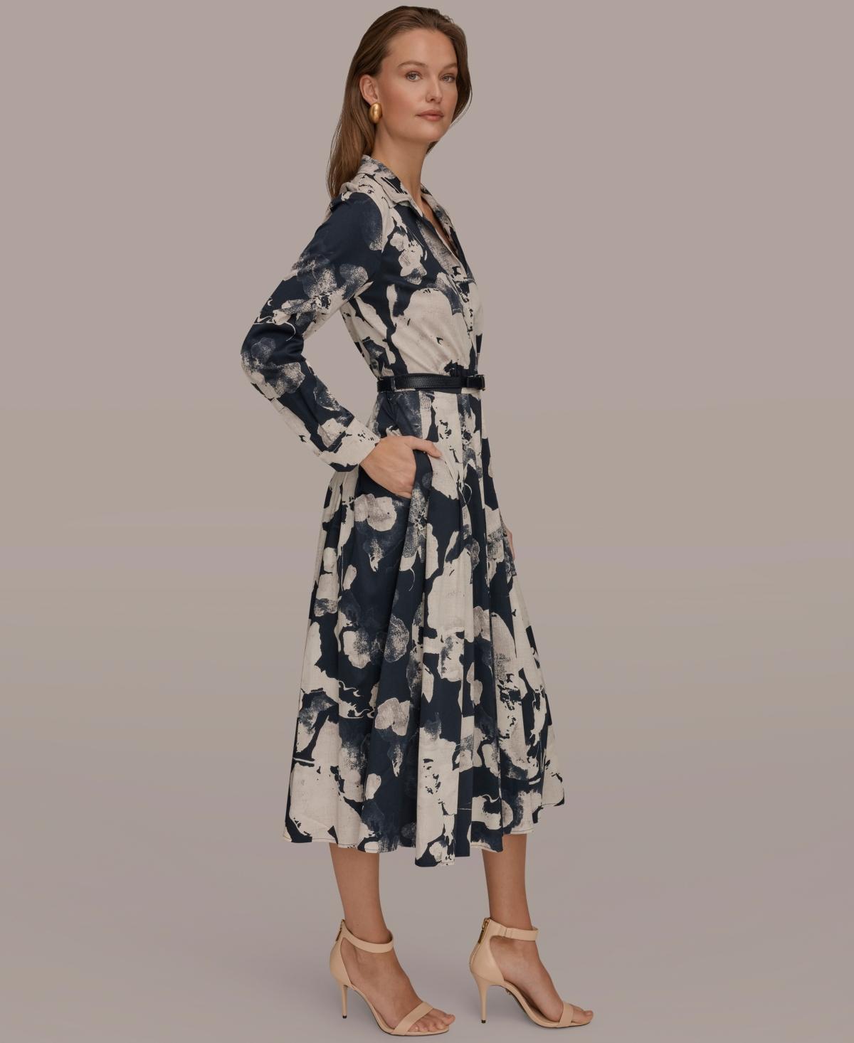 donna karan women's collared long-sleeve a-line dress Long Sleeve Satin Midi Shirt Dress | Shirt Dress main image 0