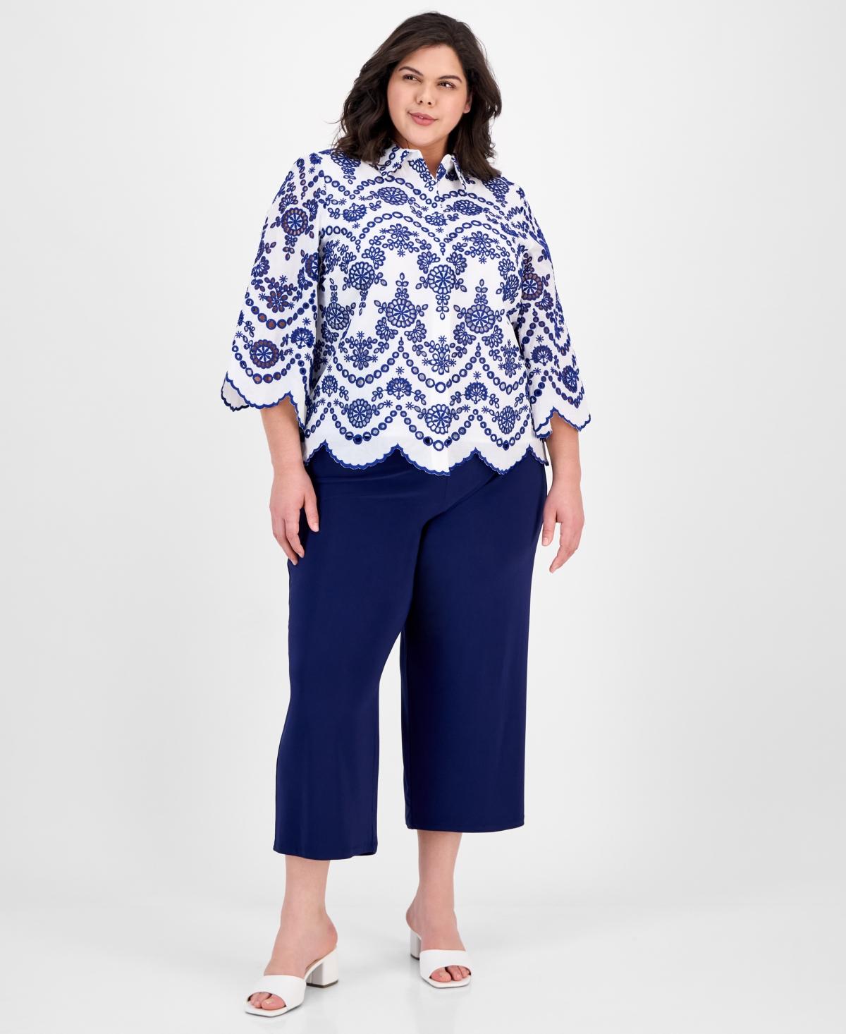 売れ筋商品|||アンクライン カットソー トップス レディース Plus Size Cotton Embroidered Eyelet Blouse Santorini Blue/White Anne Klein Plus Size Cotton Embroidered Eyelet Blouse in
