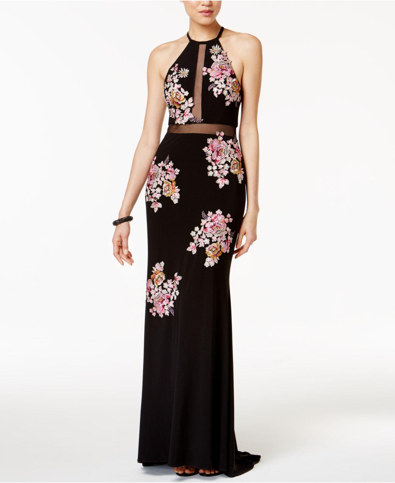 xscape petite embroidered illusion gown