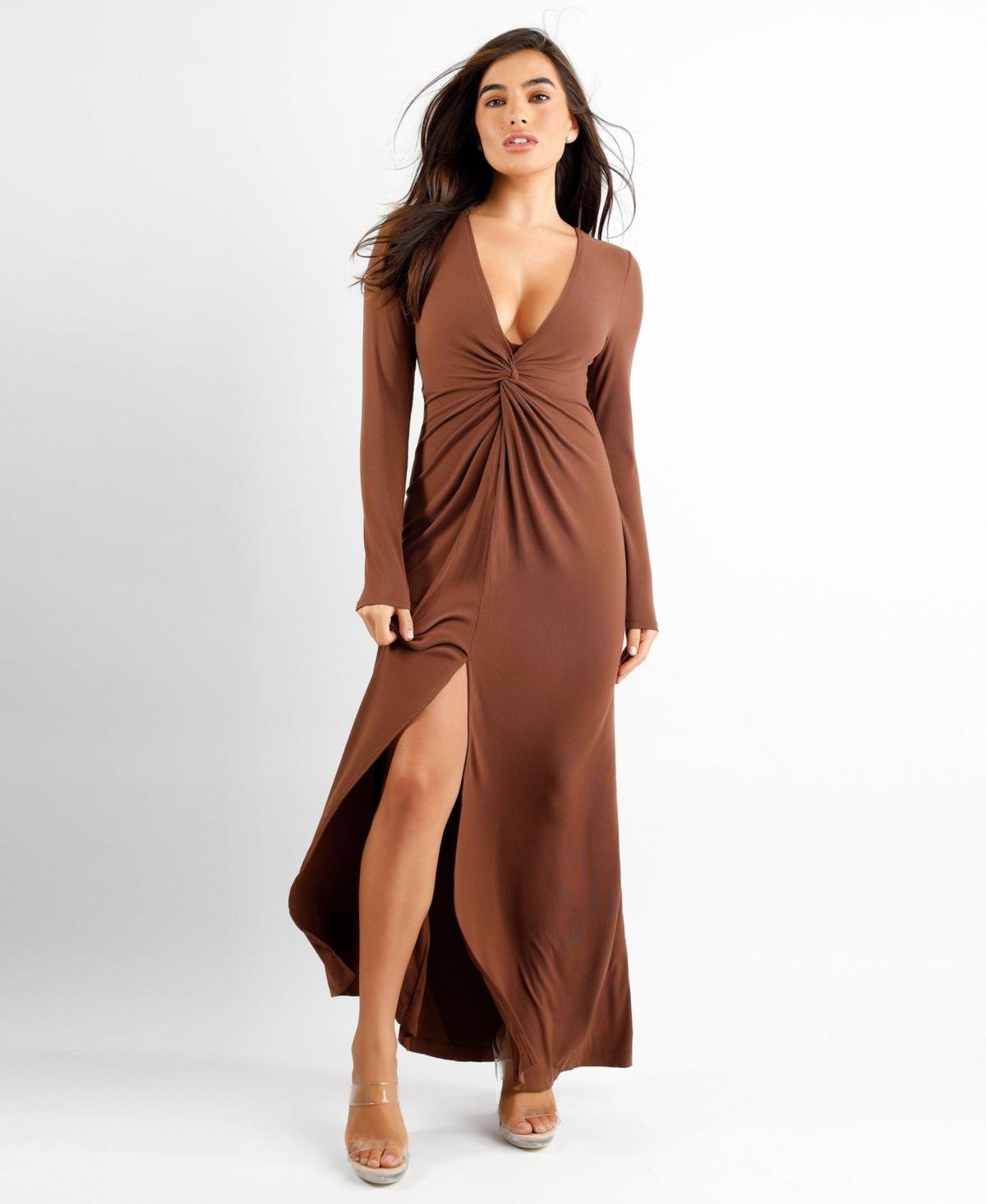 Popilush Shapewear Deep V Bias Twist Front Slit Hourglass Maxi Dress in  Brown | Lyst
