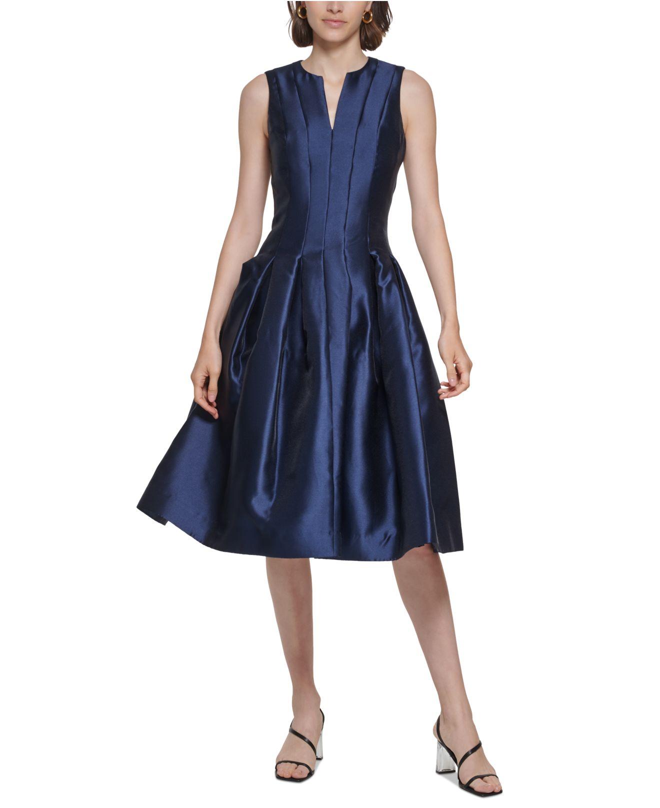 Calvin Klein Split-neck Sleeveless Pleated Fit & Flare Dress in Blue | Lyst