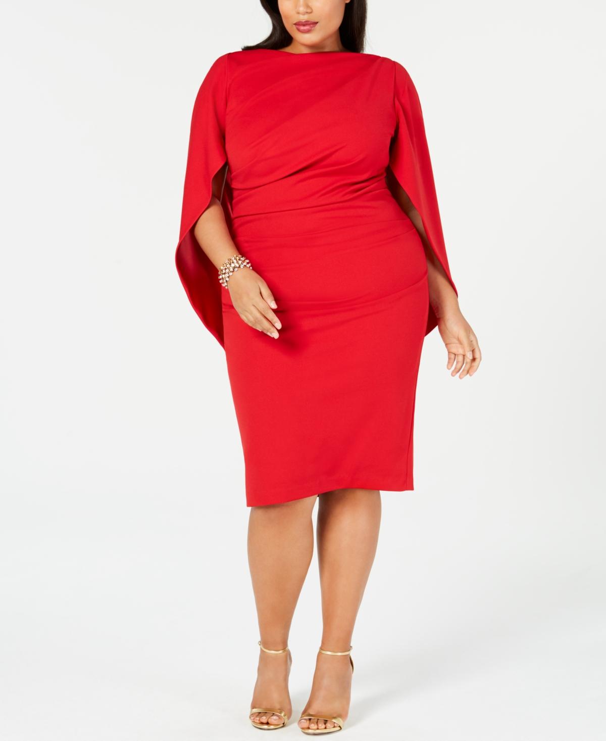 B & Adam Plus Size Ruched Cape Dress in Red