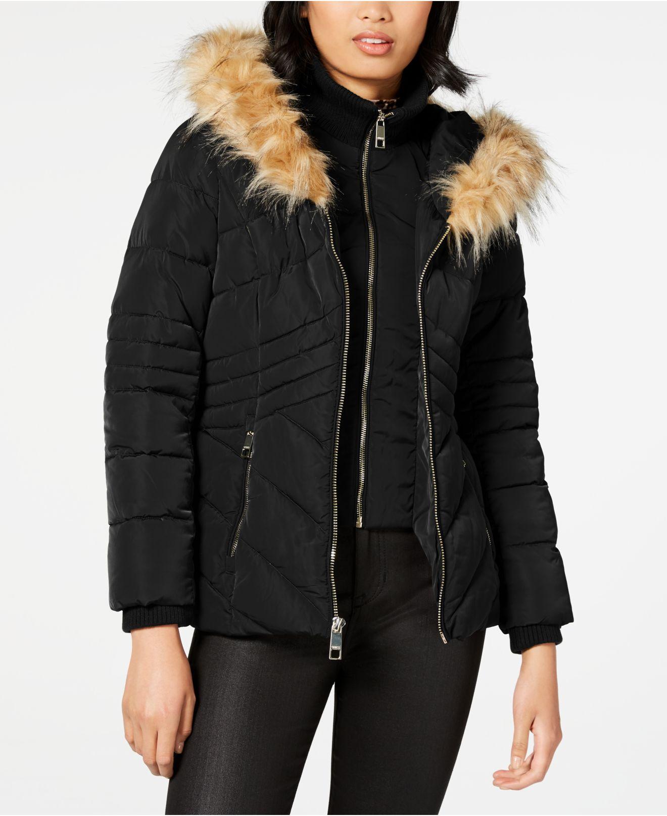 Guess Faux-fur-trim Hooded Puffer Coat, Created For Macy's in Black | Lyst