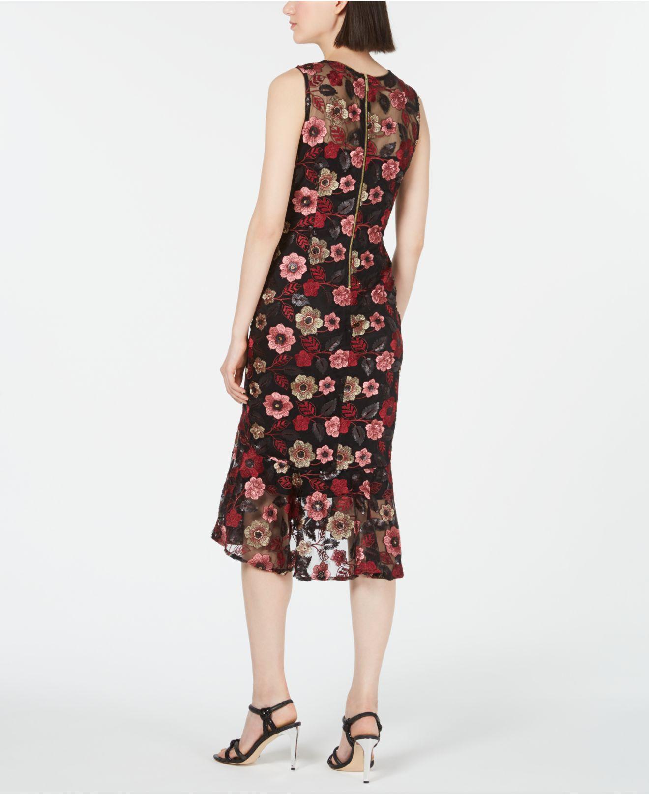 Calvin Klein Synthetic Sequined Floral Embroidered Flounce Dress in Black -  Lyst