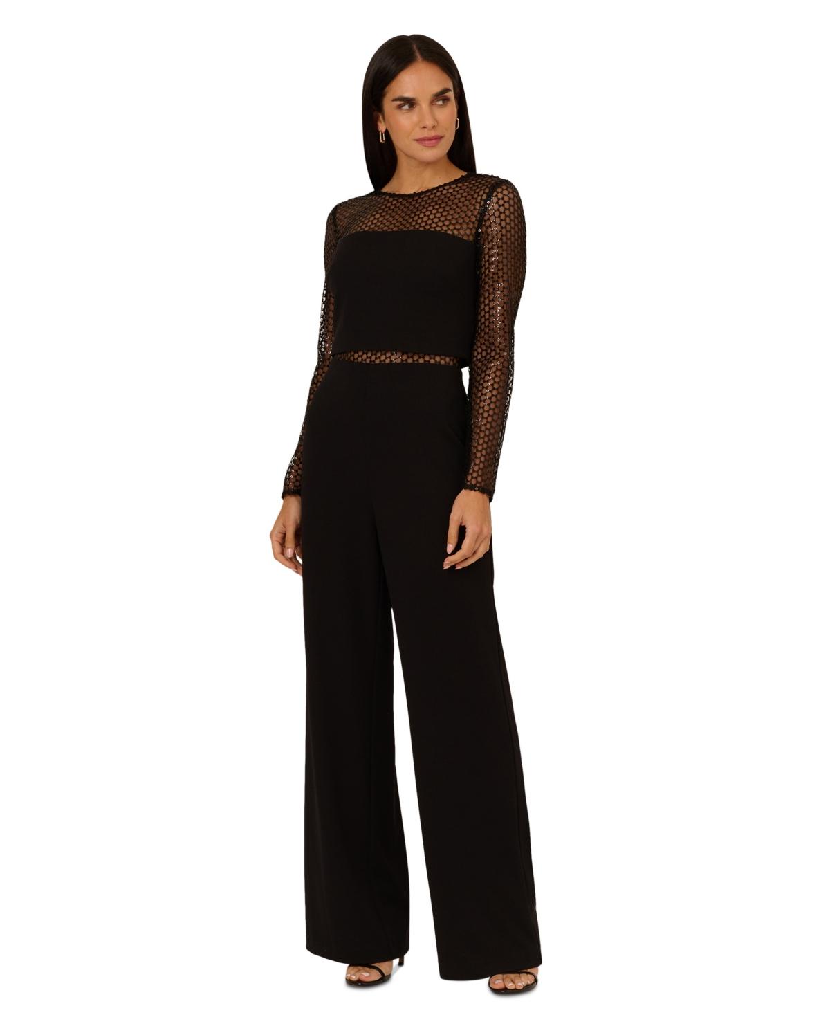 Adrianna Papell Sequin-mesh Wide-leg Jumpsuit in Black Lyst
