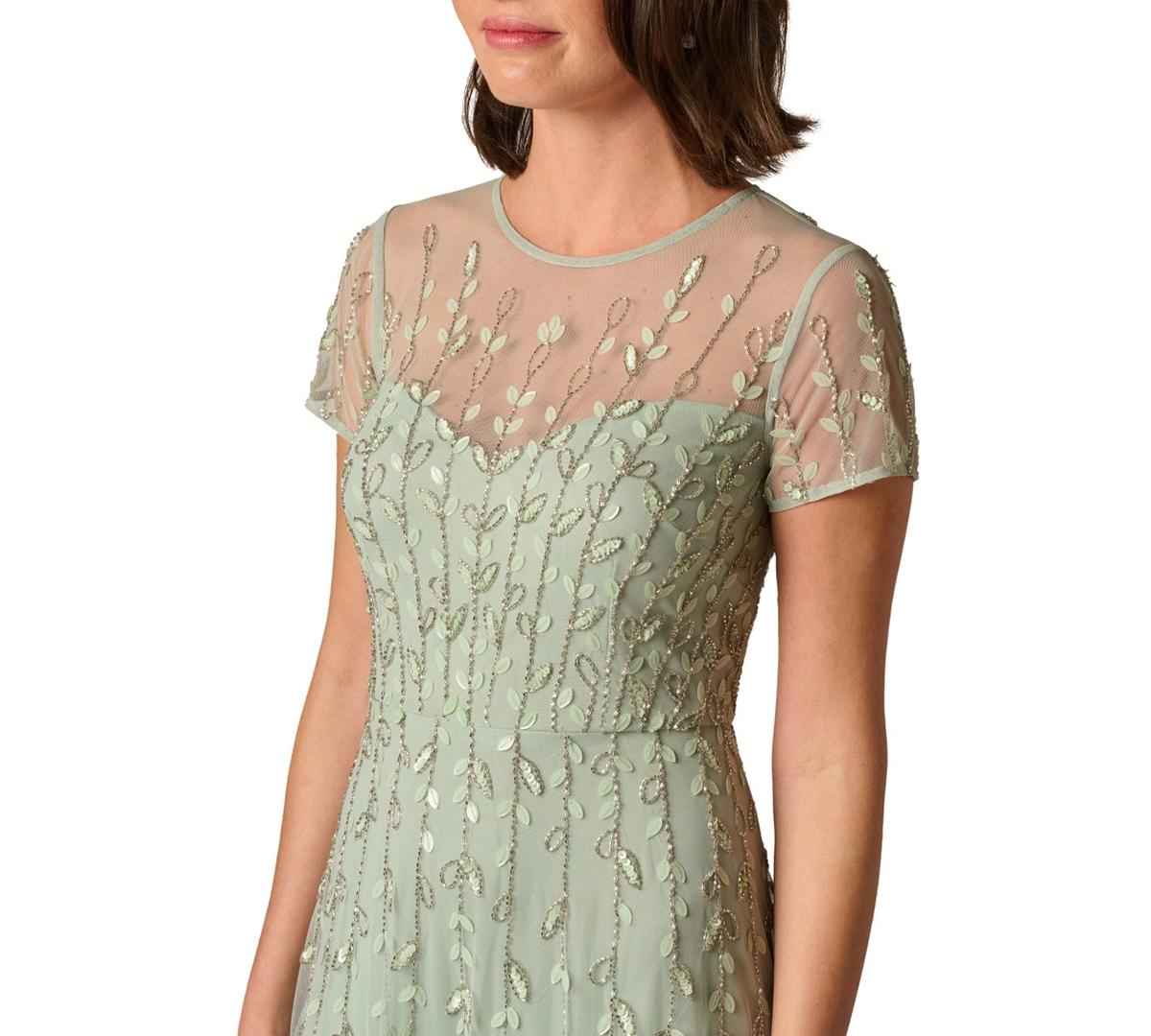 Adrianna Papell Crewneck Beaded 3d Petal Ball Gown in Green