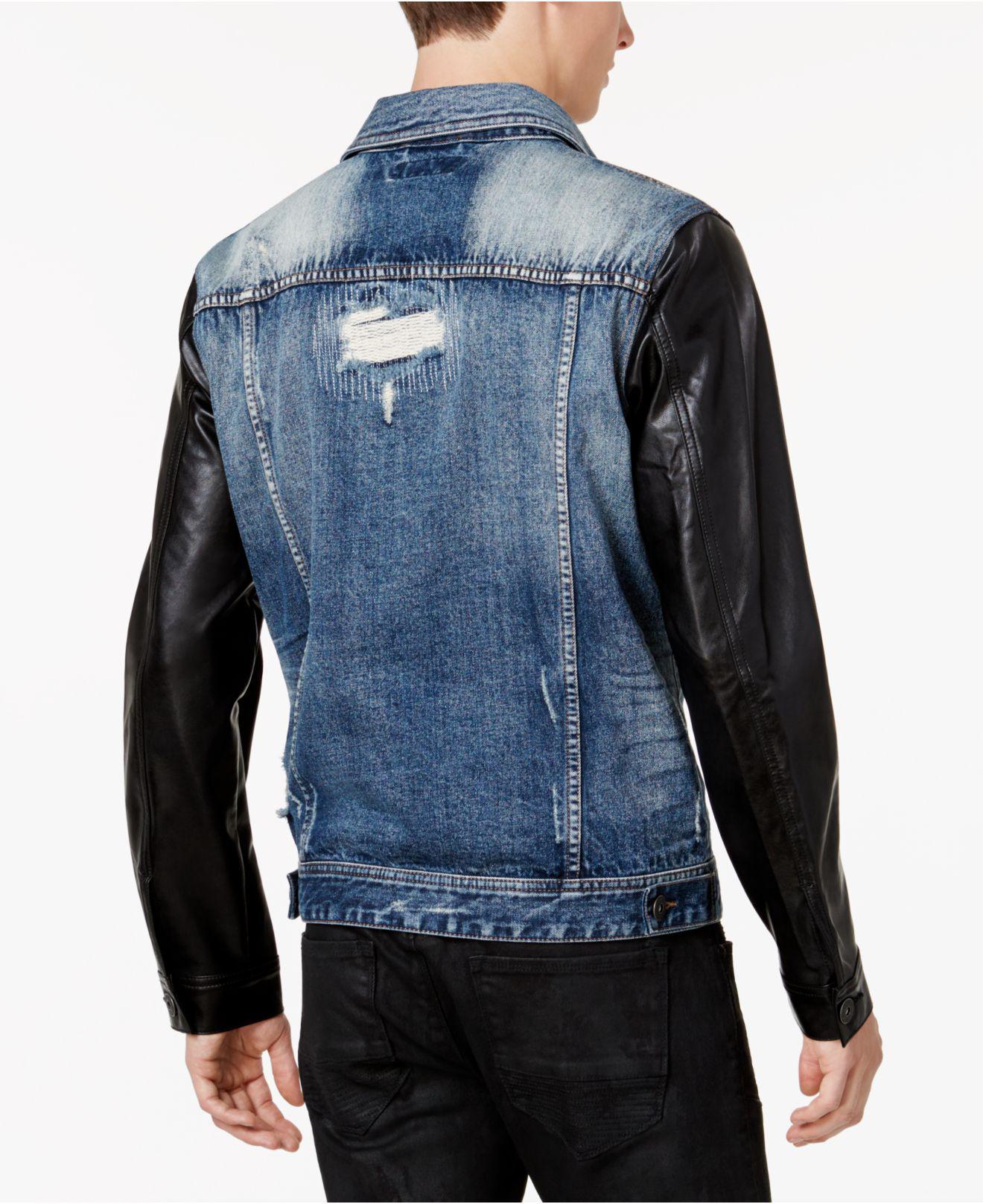 $24, Asos Denim Jacket With Faux Leather Sleeve  Leather sleeve jacket, Jean  jacket outfits men, Denim jacket men