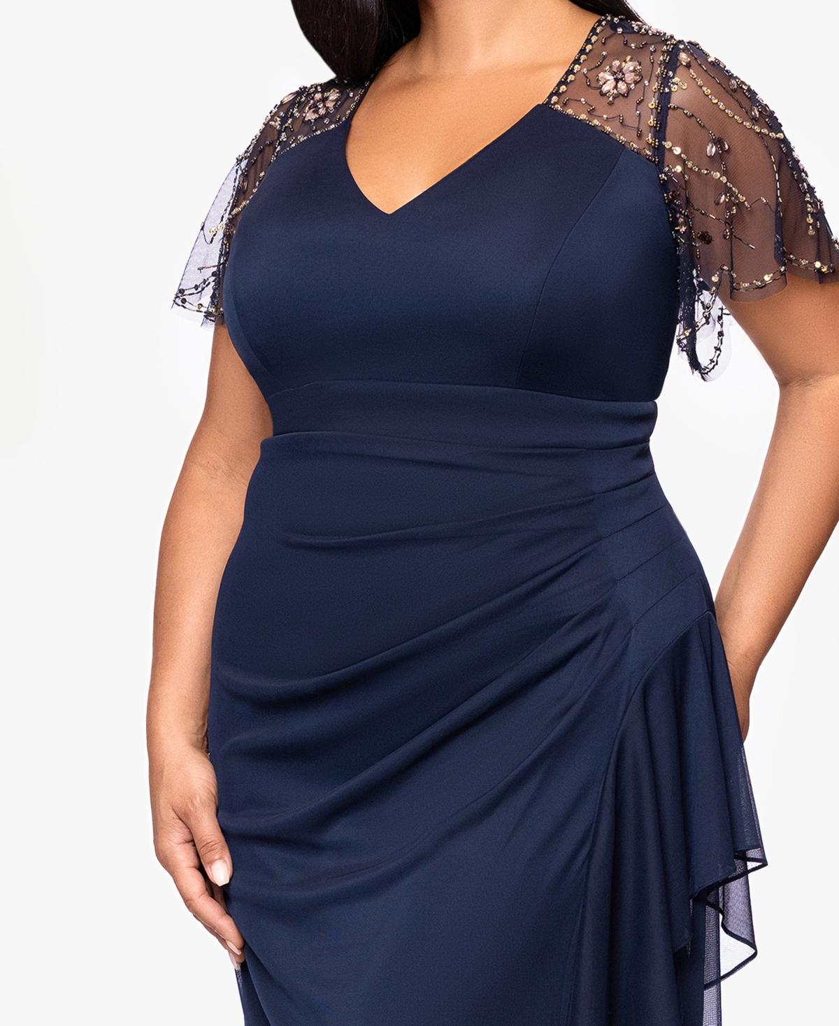 Xscape Plus Size Beaded Flutter Short Sleeves Sheath Dress in Blue | Lyst
