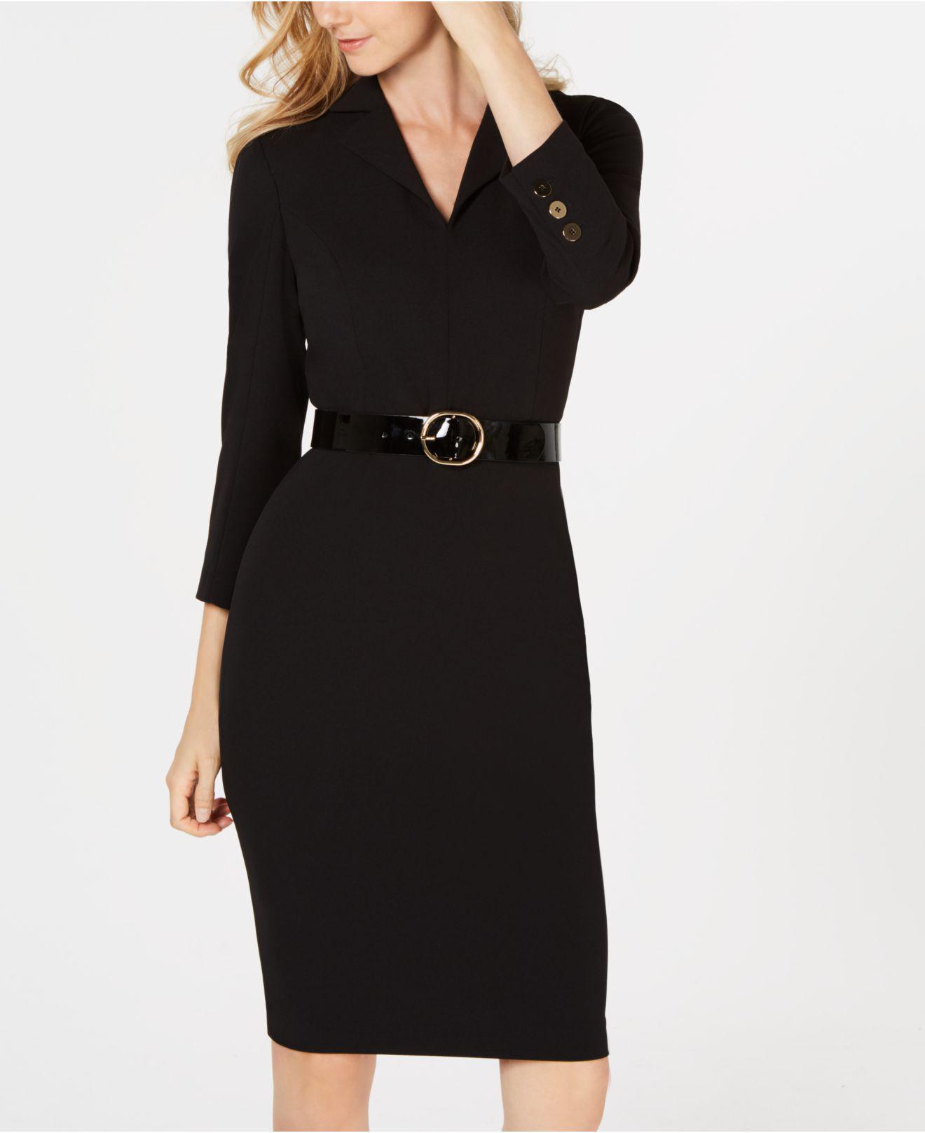 Calvin Klein Notched-collar Belted Sheath Dress in Black | Lyst