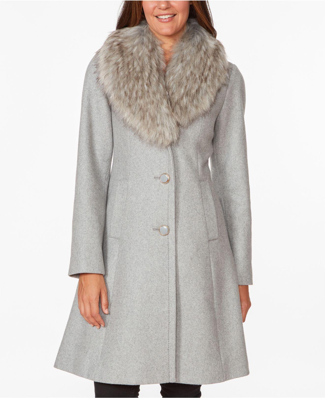Kate Spade Faux-fur Collar Skirted Coat in Heather Grey (Gray) - Lyst