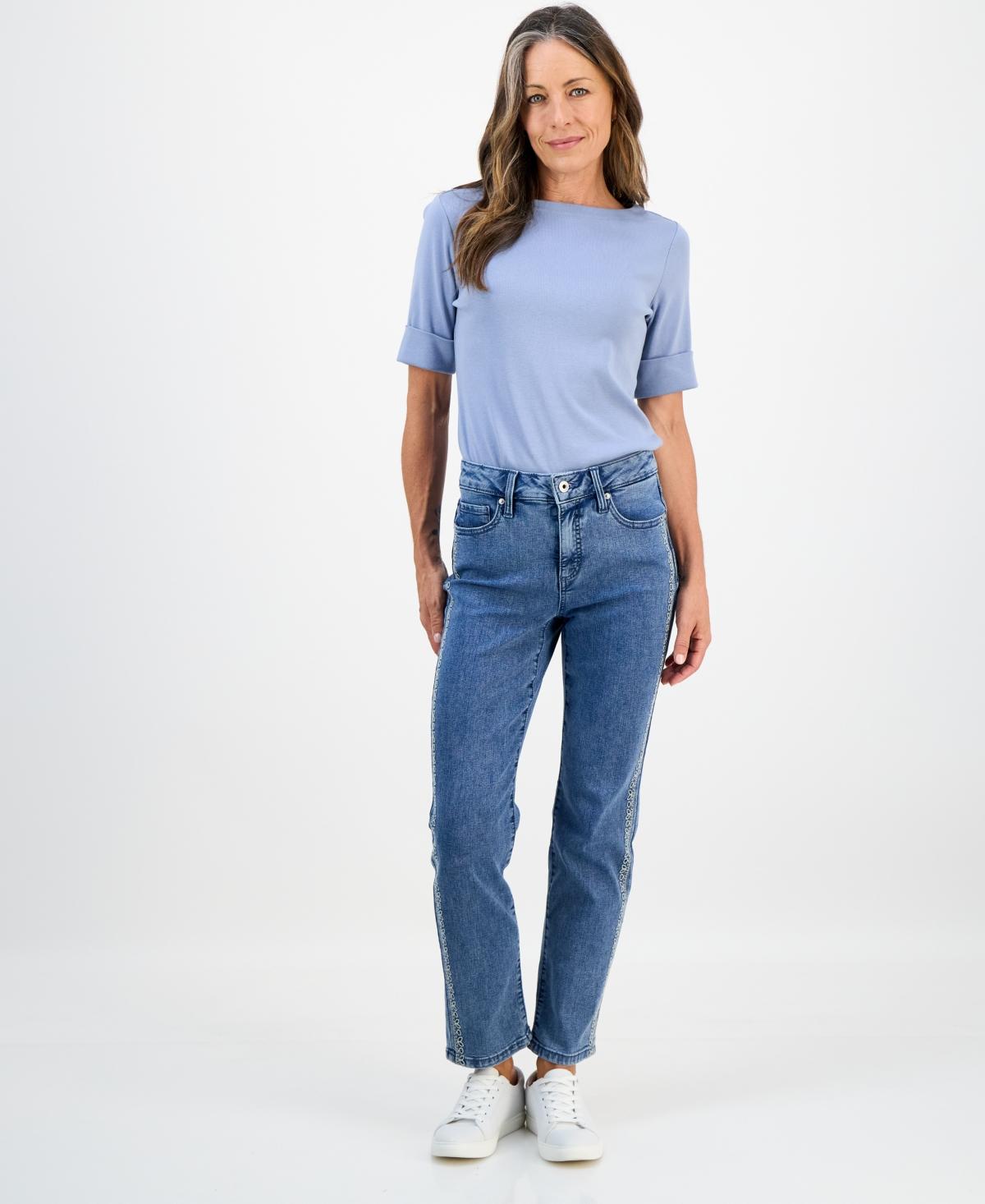 Style Petite Embroidered High Rise Straight-leg Jeans in